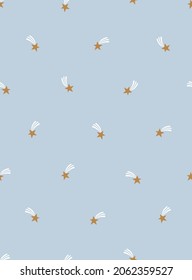 Shooting stars comet small scaled regular vector seamless pattern. Dreamy astral phone wallpaper. Celestial blue neutral screen background.