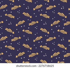 Shooting stars, comets, night sky seamless pattern on blue background. Hand drawn vector illustration. Scandinavian style flat design. Concept kids textile, fashion print, bedroom wallpaper, package.