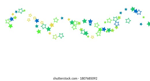 Shooting stars confetti. Blue, green, yellow, shades of blue, green stars. Festive background. Abstract texture on a white background. Design element. Vector illustration, eps 10.