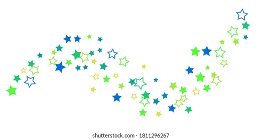 Shooting stars confetti. Blue, green, yellow, shades of blue, green stars. Festive background. Abstract texture on a white background. Design element. Vector illustration, eps 10.