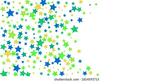 Shooting stars confetti. Blue, green, yellow, shades of blue, green stars. Festive background. Abstract texture on a white background. Design element. Vector illustration, eps 10.