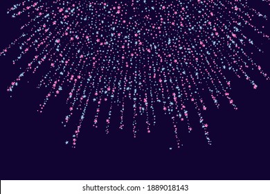 Shooting stars confetti, fireworks. Blue metallic, pink metallic on a dark blue background. Festive background. Abstract texture. Design element. Vector, eps 10.