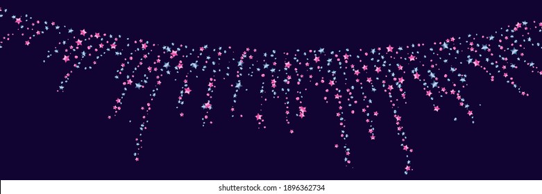 Shooting stars confetti, fireworks. Blue metallic, pink metallic on a dark blue background. Festive background. Abstract texture. Design element. Vector, eps 10.