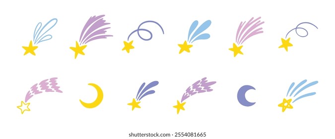 shooting stars doodle set. stars and moon isolated vector childish naive hand drawn cartoon illustration. Vector illustration