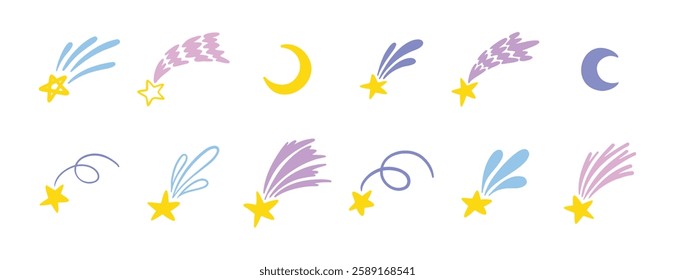 shooting stars doodle set. stars and moon isolated vector childish naive hand drawn cartoon illustration. Vector illustration