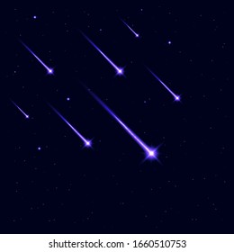 Shooting stars in galaxy sky background. Falling meteorite or comet with glowing light. Vector illustration.