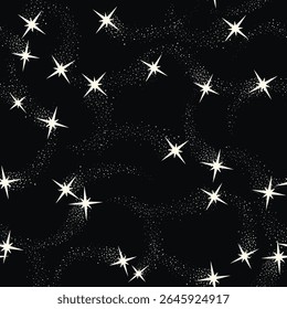 Shooting stars with glittering trails overlaying dark background, forming cosmic seamless pattern suitable for graphic design and decorative applications, vector illustration