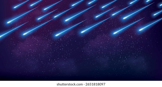 Estrelas cadentes brilham na atmosfera. Meteores à noite, paisagem celeste. Bela trilha de meteoros isolada.