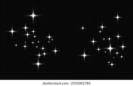 Shooting stars glowing brightly in the sky on dark background, vector graphics.