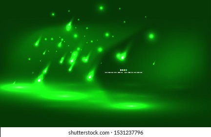 Shooting stars, green neon color outer space vector background. Bright light effects