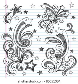 Shooting Stars Hand-Drawn Sketchy Back to School Notebook Doodles with Starbursts, Swirls, and Stars- Vector Illustration Design Elements on Lined Sketchbook Paper Background