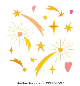 Estrellas de tiro, estrellas, corazones, fuegos artificiales navideños simple doodle ilustración vectorial, imagen de dibujos a mano para tarjetas de saludo de vacaciones de invierno, invitaciones, carteles, decoración, pegatinas, afiches