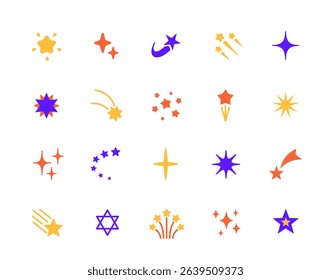 Shooting stars icon set. Colorful signs with meteorite, cosmic shine and comet with tail. Design elements for app or website. Flat vector illustration collection isolated on background