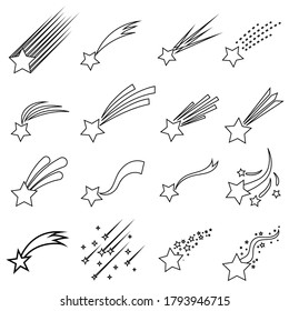 Shooting stars icon vector set. Comet tail or star trail illustration sign collection.