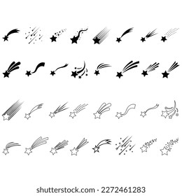 Icône image vectorielle ensemble d'étoiles de tournage. Collection de panneaux d'illustration de la queue de comète ou de l'étoile de la piste.
