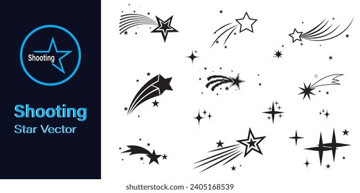 Shooting stars icon vector set. Abstract silhouette of shooting star. Meteorite and comet symbols. Flying comet with tail, falling meteor, abstract galaxy element. Cosmic shine. star vector design.