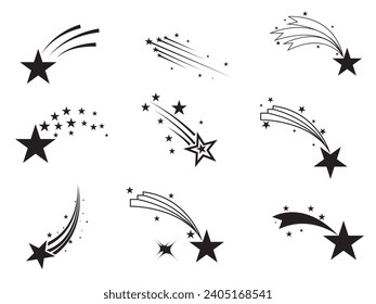 Shooting stars icon vector set. Abstract silhouette of shooting star. Meteorite and comet symbols. Flying comet with tail, falling meteor, abstract galaxy element. Cosmic shine. star vector design.