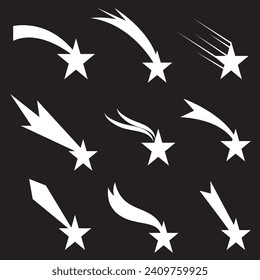 Sterne Symbol, Vektorset. Comet tail oder Star Trail Illustrations-Zeichenkollektion. Sternchen-Vektorgrafik aufschießen. EPS10