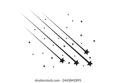 Shooting stars icon vector set. Black falling stars icon. Meteorite and comet symbols.  Abstract silhouette of shooting star.  Flying comet with tail, falling meteor, abstract galaxy element. 