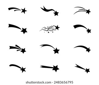Conjunto de Vectores de iconos de estrellas fugaces. Cometa espacial negro con rastro. Silueta de estrella fugaz. Abstractas cosmos. Ilustración vectorial.
