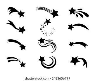 Conjunto de Vectores de iconos de estrellas fugaces. Cometa espacial negro con rastro. Silueta de estrella fugaz. Abstractas cosmos. Ilustración vectorial.