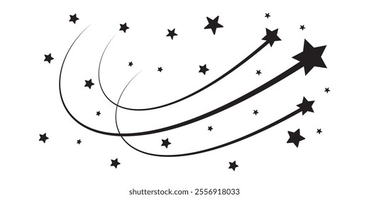 Shooting stars icon vector set. Black falling stars icon. Meteorite and comet symbols. Abstract silhouette of shooting star.
