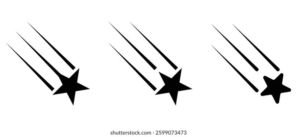 Shooting stars icon vector set. The falling stars symbols. Black falling three stars are a simple drawing. Abstract silhouette of shooting star icon. vector illustration. 