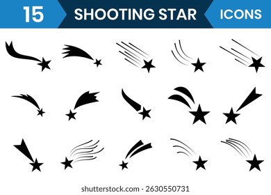 Estrelas cadentes ícone vetor conjunto design. Meteorito e símbolos de cometa voador com cauda. Silhueta de estrela cadente, meteoro cadente, elemento de galáxia abstrata. Ilustração vetorial.