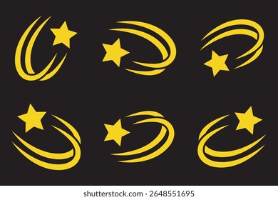 Ícone de estrelas cadentes conjunto de vetores. Ícone de estrelas caindo pretas. Meteoritos e símbolos de cometa. Silhueta abstrata da estrela cadente. Cometa voador com cauda, meteoro caindo, elemento de galáxia abstrata.