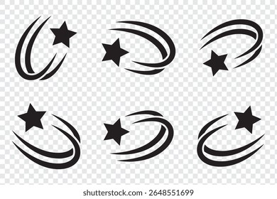 Ícone de estrelas cadentes conjunto de vetores. Ícone de estrelas caindo pretas. Meteoritos e símbolos de cometa. Silhueta abstrata da estrela cadente. Cometa voador com cauda, meteoro caindo, elemento de galáxia abstrata.