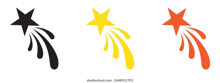 Ícone de estrelas cadentes conjunto de vetores. Ícone de estrelas caindo pretas. Meteoritos e símbolos de cometa. Silhueta abstrata da estrela cadente. Cometa voador com cauda, meteoro caindo, elemento de galáxia abstrata.