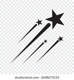 Shooting stars icon vector set. Black falling stars icon. Meteorite and comet symbols.  Flying comet with tail, falling meteor, abstract galaxy element. Vector illustration.