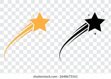 Shooting stars icon vector set. Black falling stars icon. Meteorite and comet symbols.  Flying comet with tail, falling meteor, abstract galaxy element. Vector illustration.
