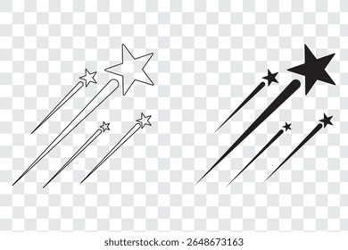 Shooting stars icon vector set. Black falling stars icon. Meteorite and comet symbols.  Flying comet with tail, falling meteor, abstract galaxy element. Vector illustration.