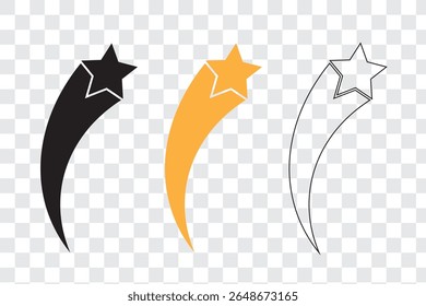 Shooting stars icon vector set. Black falling stars icon. Meteorite and comet symbols.  Flying comet with tail, falling meteor, abstract galaxy element. Vector illustration.