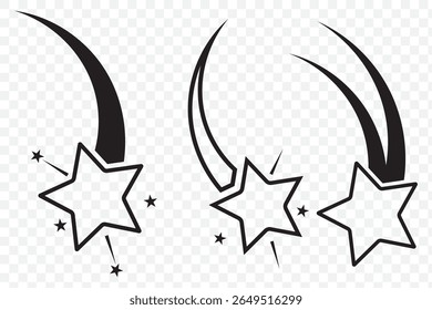Shooting stars icon vector set. Meteorite and comet symbols. Flying comet with tail, falling meteor, abstract galaxy element. Black falling stars icon. Abstract silhouette of shooting star. EPS 10.