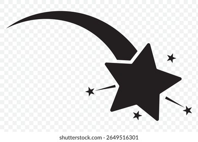 Shooting stars icon vector set. Meteorite and comet symbols. Flying comet with tail, falling meteor, abstract galaxy element. Black falling stars icon. Abstract silhouette of shooting star. EPS 10.