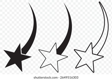 Shooting stars icon vector set. Meteorite and comet symbols. Flying comet with tail, falling meteor, abstract galaxy element. Black falling stars icon. Abstract silhouette of shooting star. EPS 10.