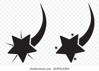 Shooting stars icon vector set. Meteorite and comet symbols. Flying comet with tail, falling meteor, abstract galaxy element. Black falling stars icon. Abstract silhouette of shooting star. EPS 10.