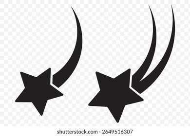 Ícone de estrelas cadentes conjunto de vetores. Meteoritos e símbolos de cometa. Cometa voador com cauda, meteoro caindo, elemento de galáxia abstrata. Ícone de estrelas caindo pretas. Silhueta abstrata da estrela cadente. EPS 10.