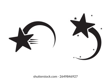 Shooting stars icon vector set. Black falling stars icon. Meteorite and comet symbols. Abstract silhouette of shooting star. Flying comet with tail, falling meteor, abstract galaxy element. eps 10