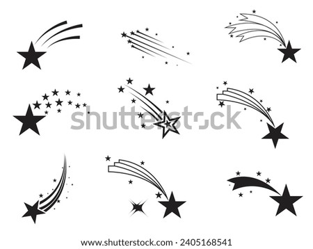 Shooting stars icon vector set. Abstract silhouette of shooting star. Meteorite and comet symbols. Flying comet with tail, falling meteor, abstract galaxy element. Cosmic shine. star vector design.