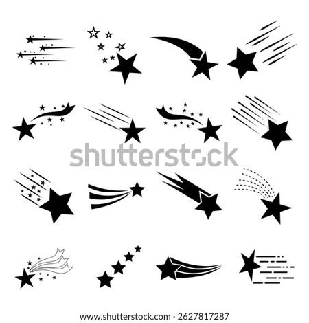 Shooting stars icon vector set. Black shooting stars isolated on white background.  Falling and moving Star. Black falling stars icon. Flying comet with tail, falling meteor, abstract galaxy element.