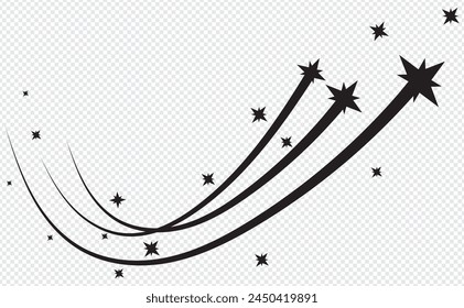 Shooting stars icons. Comet tail or star trail vector set isolated on white background. Stardust falling simple meteorites