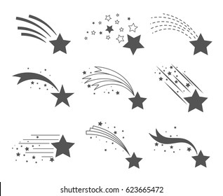 Shooting stars icons. Comet tail or star trail vector set isolated on white background. Stardust falling simple meteorites