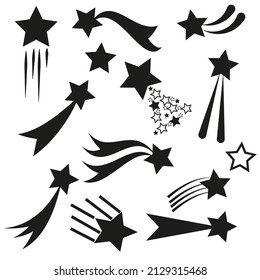Shooting stars icons with different tails set. Simple meteorites fall on stardust. isolated on white background. eps10