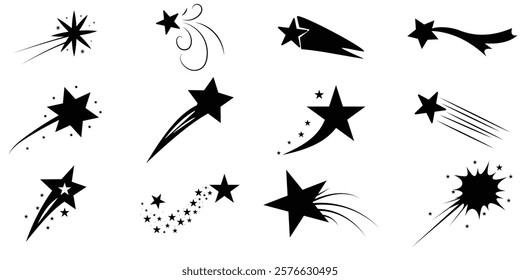 Shooting stars icons, flying star with comet tail, set of falling star with trails, Abstract silhouette of shooting star. Meteorite and comet symbols.  vector illustration.