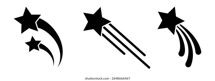  Ícones de estrelas cadentes, estrela voadora com cauda de cometa, conjunto de estrela cadente com trilhas. acelerador ícone de estrela rápida ilustrador vetorial.