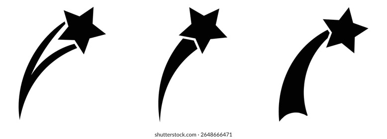  Ícones de estrelas cadentes, estrela voadora com cauda de cometa, conjunto de estrela cadente com trilhas. acelerador ícone de estrela rápida ilustrador vetorial.