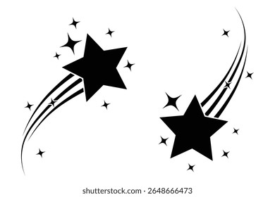  Ícones de estrelas cadentes, estrela voadora com cauda de cometa, conjunto de estrela cadente com trilhas. acelerador ícone de estrela rápida ilustrador vetorial.